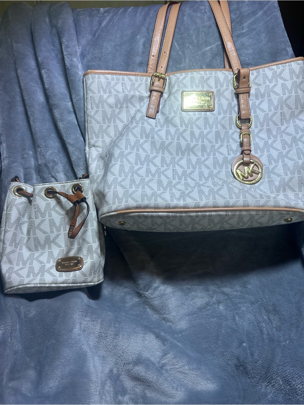 Michael Kors White & Tan MK Logo Tote with Matching Mini Pouch
